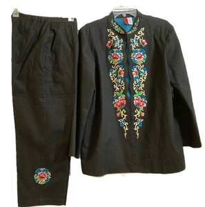 Look East Asian Black Embroidered Open Jacket (L) Cropped Pants (M) Suit - Picture 1 of 13