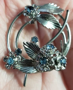 Spilla spilla foglia cerchio strass blu gioielli regalo vintage - Foto 1 di 6