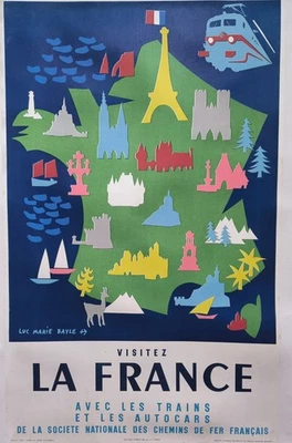 affiche ancienne originale Tourisme Chemin De Fer SNCF  France Entoilée 1954 - Photo 1/4