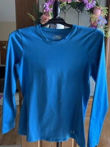 Under Armour Womens Shirt Top Large Blue Coldgear Fitted Long Sleeve Thermal - Picture 1 of 9