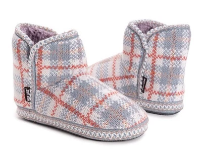 Muk Luks Leigh Faux Fur Slip On Slipper Bootie Multi Pastel Plaid Sz M 7/8 New - Image 1 of 4