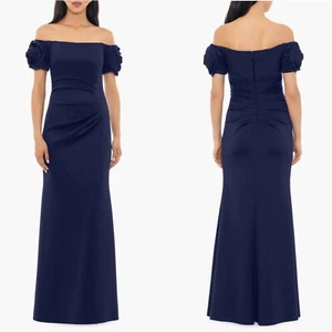 NWT XSCAPE Navy ROSETTE Off The Shoulder RUCHED Scuba EVENING Dress GOWN 8 - Picture 1 of 13