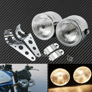 Chrome Twin Front Headlight W/ Bracket Fit For Harley Dual Sport Street Fighter - Picture 1 of 12