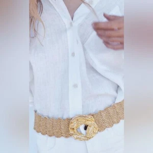 ZARA Womens Rafia Tweed Adjustable Gold Toned Buckle Summer Belt Size 32 NEW - Picture 1 of 9