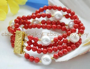 4 Rows 6mm Red Coral Round Beads 12mm White Shell Pearl Bangle Bracelet 8'' - Picture 1 of 4