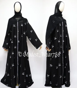 Dubai Abaya Open A-Line Buttons Muslim Dress Crinkle White Bow Stickerei Black - Bild 1 von 6
