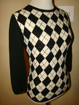 SUÉTER 100% 2 CAPAS CACHEMIR SOLO MINA NEGRO BLANCO LENTEJUELAS CUADROS DIAMANTE CUELLO EN V S Foto 1 de 4
