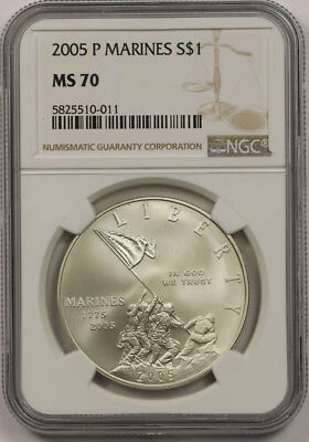 2005-P Marine Corps Anniversary Silver Commemorative Dollar $1 MS 70 NGC - Image 1 of 4
