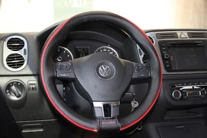 Stitch On Style Steering Wheel Skin Wrap Cover Black+Red Strip Style Perfect Fit - Picture 1 of 6