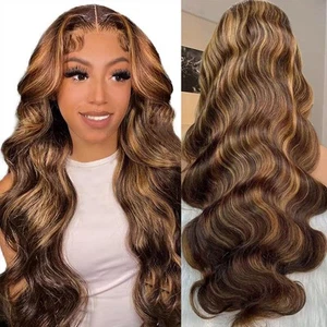 Ombre Lace Front Wig Human Hair - 13x6 HD Highlight Body Wave Lace Front Wig ... - Picture 1 of 6