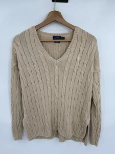 Polo Ralph Lauren Pullover Damen Extra Small Zopfmuster V-Ausschnitt Beige Preppy - Bild 1 von 7