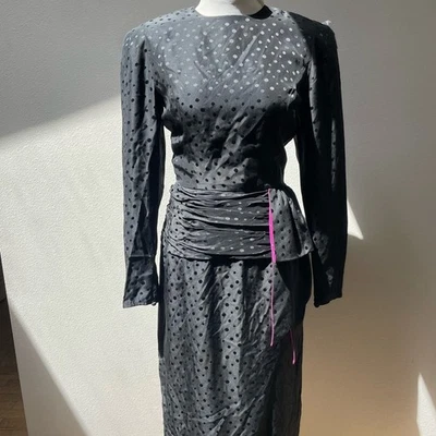 80's Vintage Maggy London 100% Silk Midi Length Black Polka Dot Dress Women's 10 - Image 1 of 4