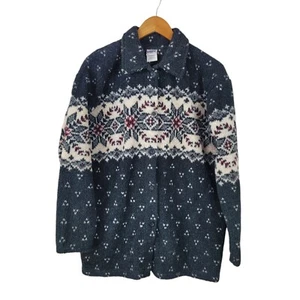 Vintage 90s Fleece Teddy Jacket Coat Sz Medium Snowflake Nordic Icelandic Black - Picture 1 of 5