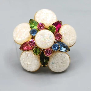Unsigned Designer Glitter Lucite Rhinestone Gold Tone Layered Flower Brooch - Picture 1 of 11
