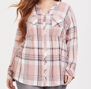 Torrid Damen 2 2X Top Emma Babydoll Twill Knopfleiste rosa kariert Langarm - Bild 1 von 4