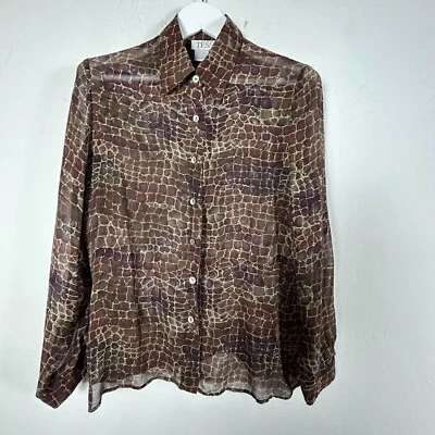 Tess Womens Sheer Snake Skin Print Button-Up Shirt Blouse Large 100% Silk Brown - Image 1 of 4