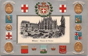 c1910s MILANO Milan, Italy Embossed Postcard "Piazza del Duomo" / Coats of Arms - Imagen 1 de 2