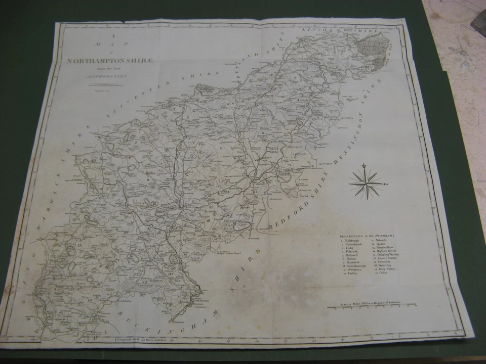 MAPA GRANDE NOTHAMPTONSHIRE 100 % ORIGINAL ANTIGUO DE JOHN CARY NENE PETERBOROUGH Foto 1 de 1