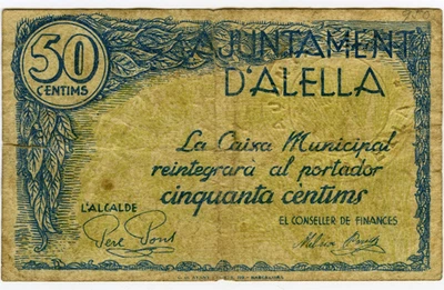 # SPAIN CIVIL WAR 1937 • ALELLA 50 CENT MUNICIPAL ☆ GUERRA CIVIL ESPAÑOLA ☆D1396 - Image 1 of 2