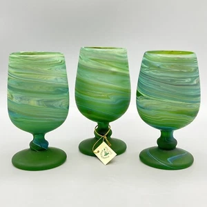 3 New PHOENICIAN GLASSES Footed PINA COLADA ICE TEA Green Swirl HAND BLOWN Lot - Picture 1 of 16
