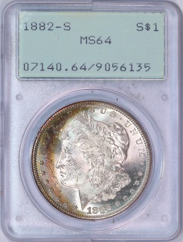 1882S Morgan Silver Dollar | PCGS Rattler MS64 | Rainbow Crescent Obverse Toning Cover