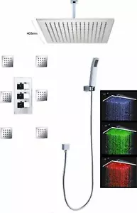 Luxury 16" Square Ceiling Mount Rainfall LED Shower Head 6 Massage Jets Spray - Picture 1 of 9