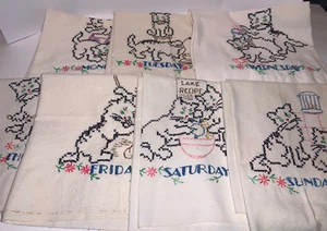 LOTE DE 7 toallas de plato bordadas para gato de colección para cada día de la semana LUNES - SOL - Imagen 1 de 12