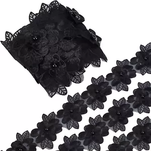 2 Yard 3D Polyester Flower Lace Edge Trim Ribbon Pearl Beads Edging Trimmings Em - Picture 1 of 7
