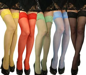 New Lace Top Hold Ups 20 Denier Sheer 16 Various Colours Size S - XXL Stockings - Picture 1 of 40