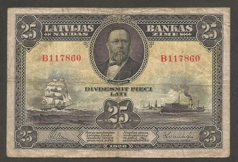 Latvia 25 Lati 1928; VG+, P-18a; L-B206a; Sailing ship; Icebreaker Cover