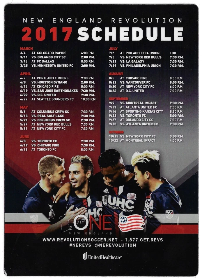RARE 2017 New England Revolution MLS MAGNET Soccer Schedule !! United Healthcare — 第 1/1 张图片