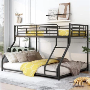 Twin XL over Queen Black Metal Floor Bunk Bed Heavy Duty Bed Frames Kids Adult - Picture 1 of 13