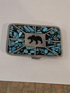 Turquoise Belt Buckle Bear Vintage 1980 Marked TT Mosaic - Picture 1 of 9