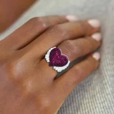 5.8Ct Lab Created Ruby Angel Wing Heart Cocktail Ring 14k White Gold Finish - Image 1 of 4