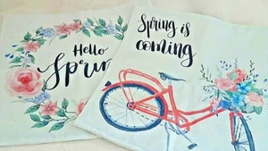 Spring Coming Print Pillow Covers 17" x 17" Set Of 2 Bicycle/Floral Print Zips - Picture 1 of 6