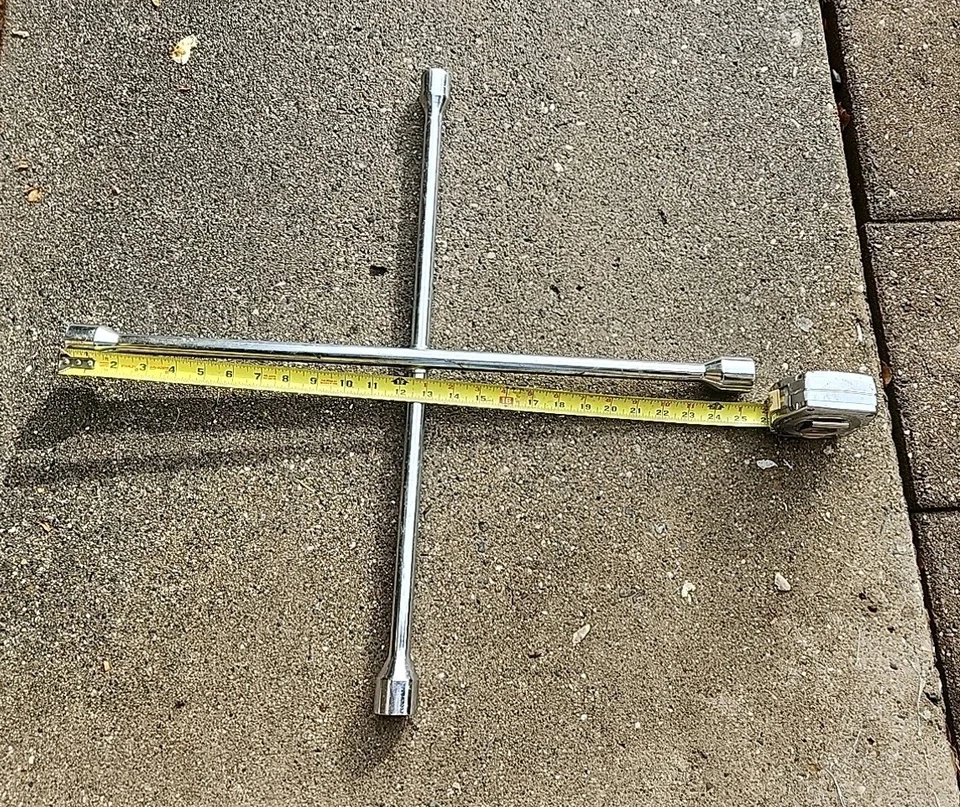 Large 25" Four Way Wheel Lug Nut Breaker Wrench 7/8", 15/16", 1", 1 1/6" Chrome  - Image 1 of 1