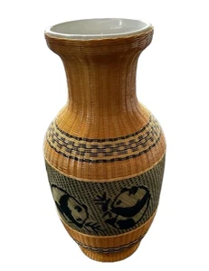 Vintage Bambus 6 1/2" Kunst Vase Pandas Keramik geflochten chinesisches Gewebe asiatisches Dekor - Bild 1 von 9