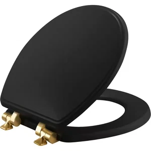 Sedile WC rotondo nero Weston chiusura morbida legno smaltato cerniere oro - Foto 1 di 7