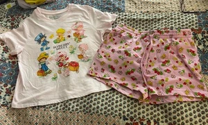 Women’s M 8/10 Hybrid Crop Strawberry Shortcake Shirt/Shorts Lounge Pajama Set - Picture 1 of 14