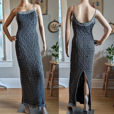 Vintage 90s Y2K Papell Boutique Evening Gown Beaded Silk Silver Prom Size 6 - Image 1 of 4