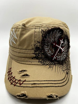 Leader Cadet Cap Hay Eomen Adjustable Rhinestones Cross Beige Distressed Cotton - Image 1 of 4