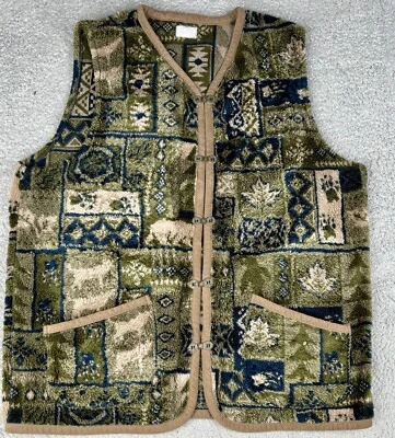 VTG Yukon Fleece Vest XL * Patchwork Forest Grunge Polar Bear Wolf All Over Y2K - Image 1 of 4