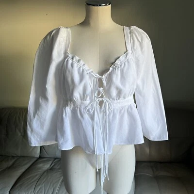 Brock Collection x H&M Sz M Lyocell Linen White Puff Sleeve Tie Top Blouse - Image 1 of 4
