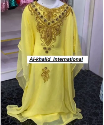 Novo Vestido Especial Amarelo Georgette Casamento Crianças Kaftan Meninas Marroquinas Dubai - Imagem 1 de 3