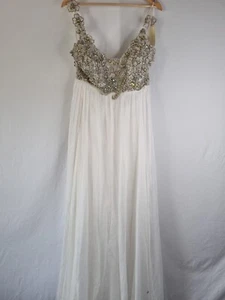 Imoda Ivory Chiffon Ruched Crystal Diamante Beaded Flowers Wedding Dress Sz 14 - Picture 1 of 15