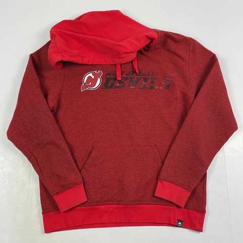 New Jersey Devils Sweatshirt Mens Medium Majestic Red Hooded Pullover Hockey NHL Cover