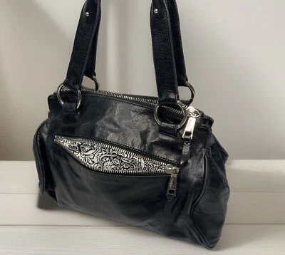 Hobo Bag Shoulder Purse Shiny Leather Handbag Satchel Zip Pockets Black Silver  - Image 1 of 4