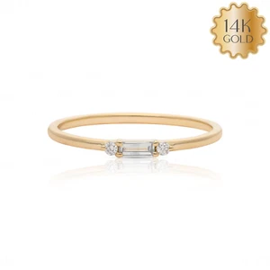 14K Yellow Gold Natural Diamond Round Baguette Stackable Band Ring-For Gifting  - Picture 1 of 9