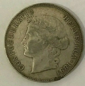 MONNAIE ANCIENNE 5F ARGENT SUISSE HELVETICA 1891 B - Picture 1 of 3