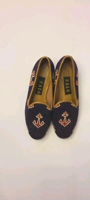 ZALO Azul Rojo Ancla Lana Como Planos Superiores Borde Cuero Marrón, Talla 6 Foto 1 de 4